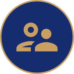 Gold Icon depicting two people on dark blue background